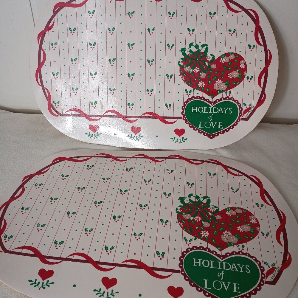 VTG 90s Oval Vinyl Christmas Valentines Placemats Holidays of Love Hearts Franco